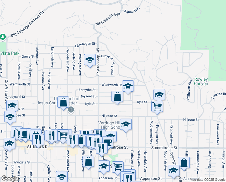 map of restaurants, bars, coffee shops, grocery stores, and more near 7711 Forsythe Street in Los Angeles
