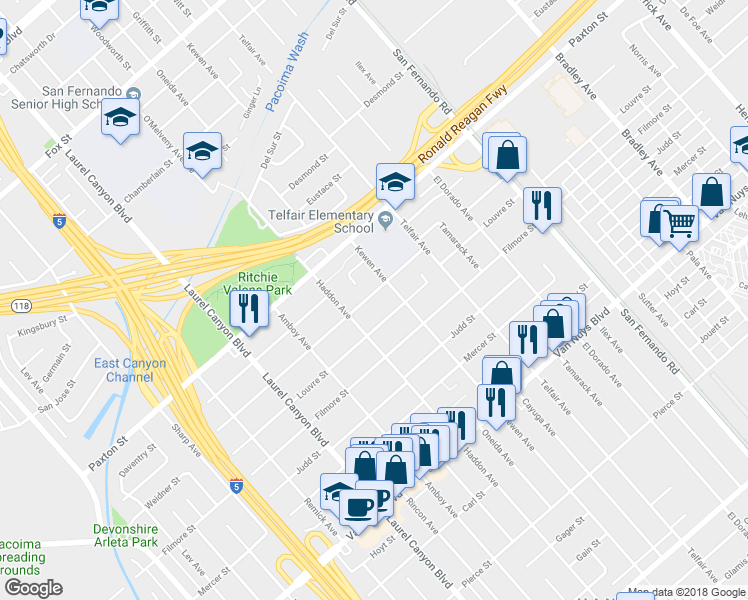 map of restaurants, bars, coffee shops, grocery stores, and more near 13754 Weidner Street in Los Angeles