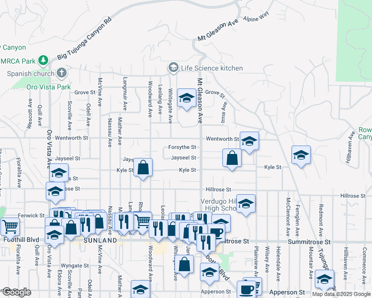 map of restaurants, bars, coffee shops, grocery stores, and more near 7820 Forsythe Street in Los Angeles