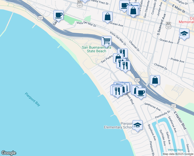 map of restaurants, bars, coffee shops, grocery stores, and more near 1044 Waterbury Lane in Ventura