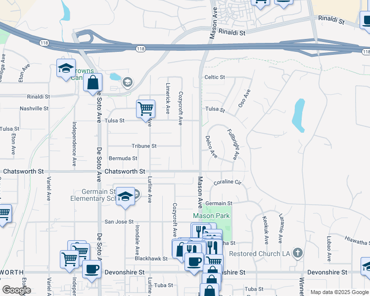 map of restaurants, bars, coffee shops, grocery stores, and more near 10748 Cozycroft Avenue in Los Angeles