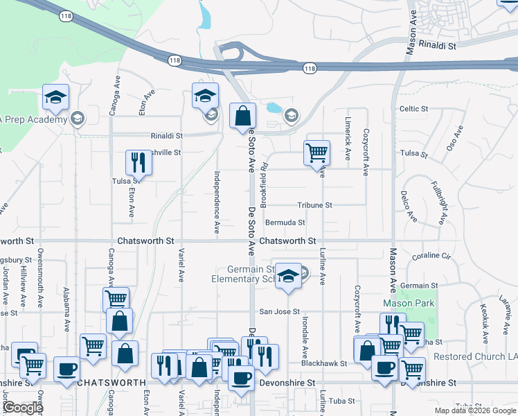 map of restaurants, bars, coffee shops, grocery stores, and more near 10749 Brookfield Road in Los Angeles