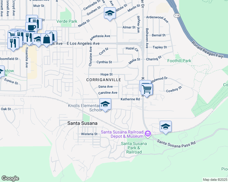 map of restaurants, bars, coffee shops, grocery stores, and more near 6361 Caroline Avenue in Simi Valley
