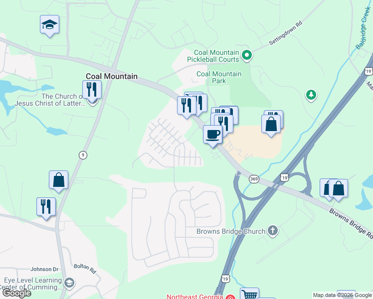 map of restaurants, bars, coffee shops, grocery stores, and more near 3619 Sydney Harbor Lane in Cumming