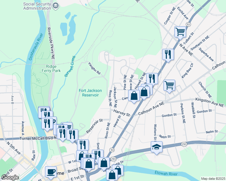 map of restaurants, bars, coffee shops, grocery stores, and more near 314 Ross Street Northeast in Rome