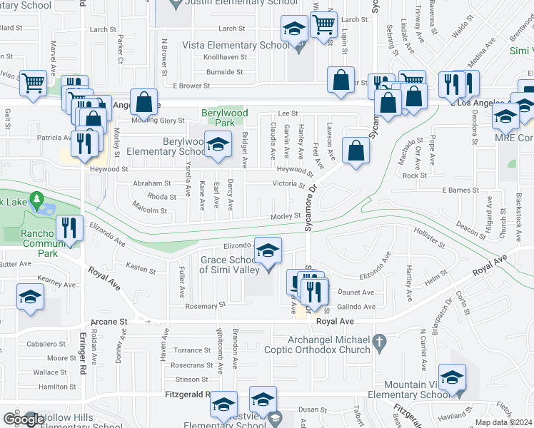 map of restaurants, bars, coffee shops, grocery stores, and more near 2435 Morley Street in Simi Valley