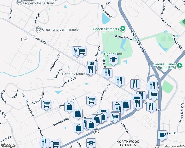 map of restaurants, bars, coffee shops, grocery stores, and more near 6620 Gordon Road in Wilmington