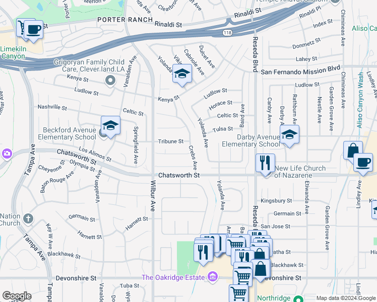 map of restaurants, bars, coffee shops, grocery stores, and more near 10761 Crebs Avenue in Los Angeles