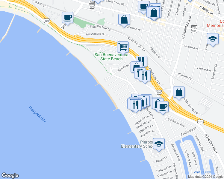 map of restaurants, bars, coffee shops, grocery stores, and more near 1044 Waterbury Lane in Ventura