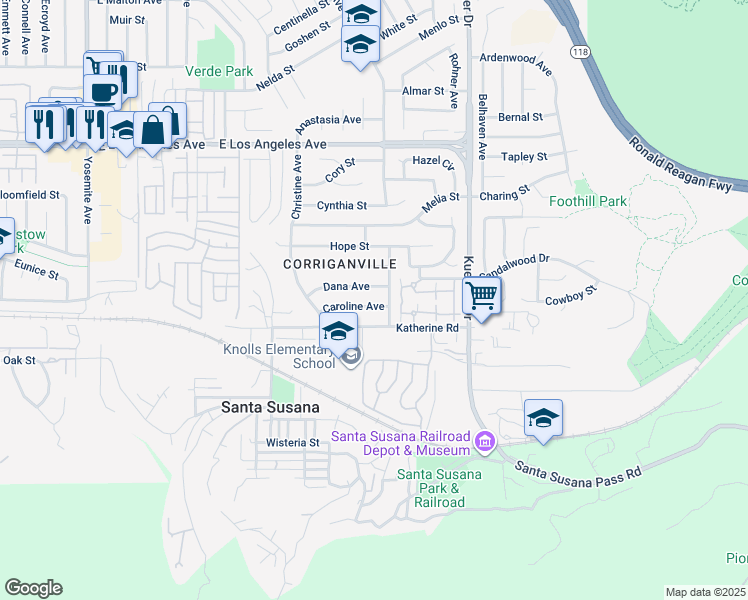 map of restaurants, bars, coffee shops, grocery stores, and more near 6361 Caroline Avenue in Simi Valley