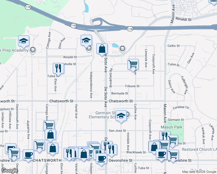 map of restaurants, bars, coffee shops, grocery stores, and more near 10755 Brookfield Road in Los Angeles