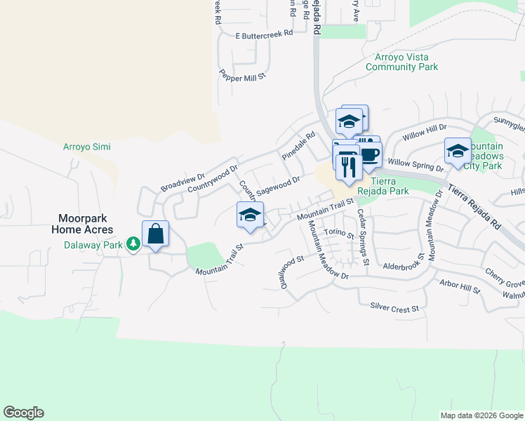 map of restaurants, bars, coffee shops, grocery stores, and more near 11504 Countrycreek Court in Moorpark