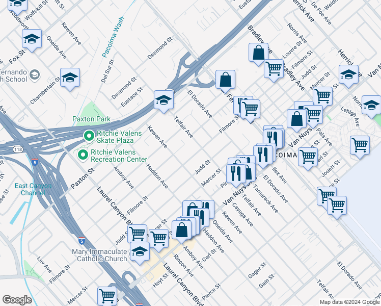 map of restaurants, bars, coffee shops, grocery stores, and more near 13625 Filmore Street in Los Angeles