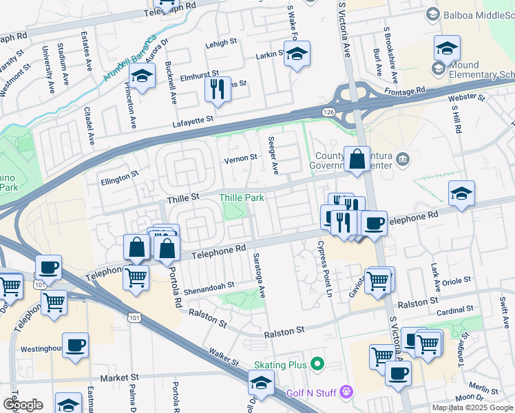 map of restaurants, bars, coffee shops, grocery stores, and more near 880 Pacific Strand Place in Ventura