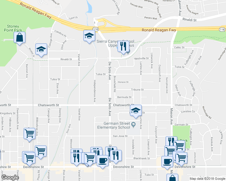 map of restaurants, bars, coffee shops, grocery stores, and more near 10755 Brookfield Road in Los Angeles