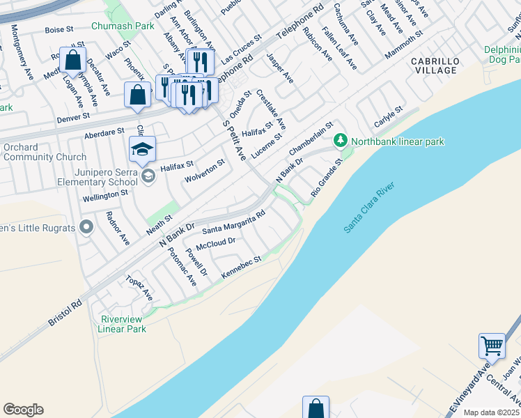 map of restaurants, bars, coffee shops, grocery stores, and more near 9373 Santa Margarita Road in Ventura