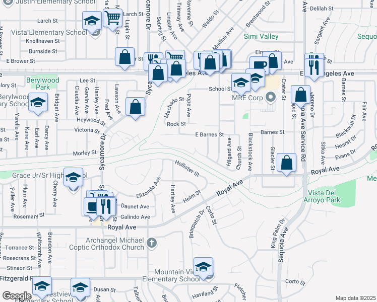 map of restaurants, bars, coffee shops, grocery stores, and more near 2940 Deacon Street in Simi Valley