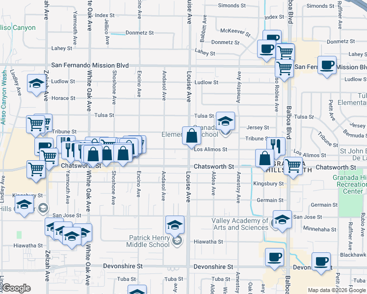 map of restaurants, bars, coffee shops, grocery stores, and more near 17313 Los Alimos Street in Los Angeles