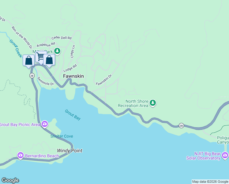 map of restaurants, bars, coffee shops, grocery stores, and more near 39651 Flicker Road in Fawnskin