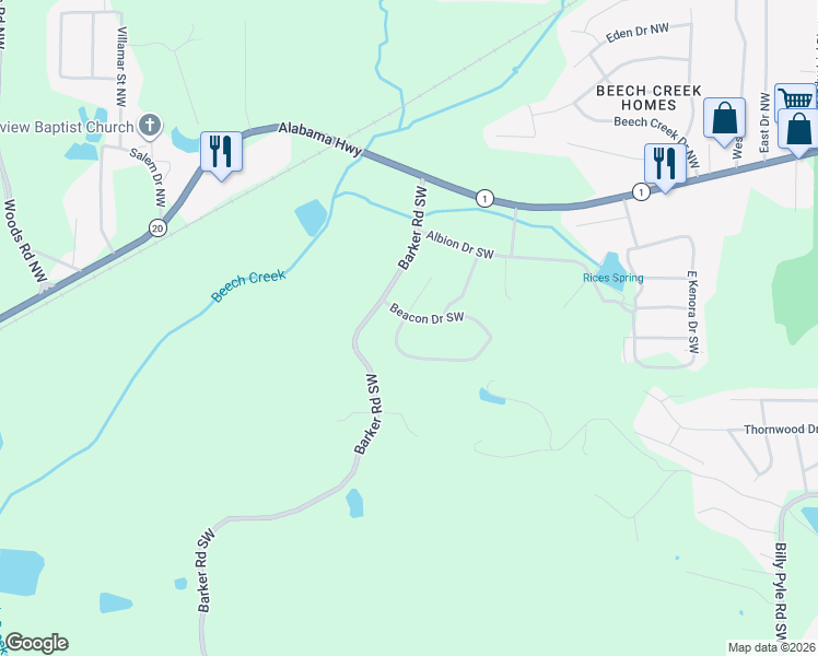 map of restaurants, bars, coffee shops, grocery stores, and more near 6 Beacon Drive Southwest in Rome