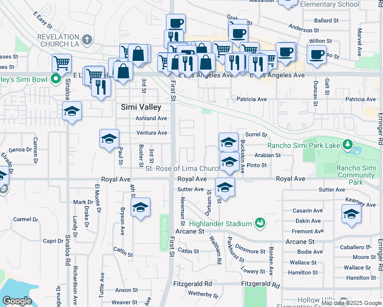 map of restaurants, bars, coffee shops, grocery stores, and more near 1533 Rose Arbor Lane in Simi Valley