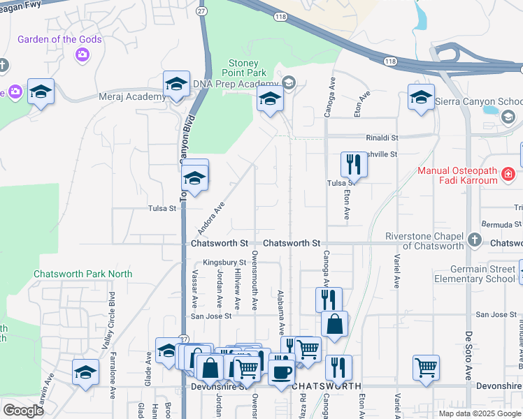map of restaurants, bars, coffee shops, grocery stores, and more near 21626 Bermuda Street in Los Angeles