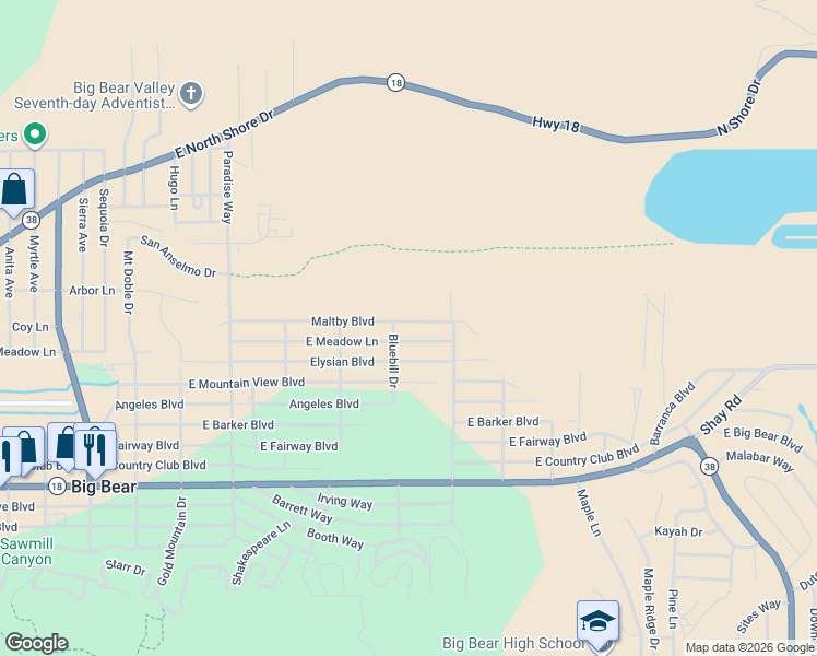 map of restaurants, bars, coffee shops, grocery stores, and more near 712 Maltby Boulevard in Big Bear