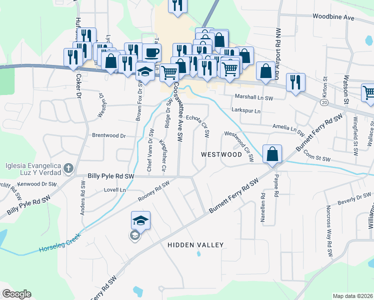 map of restaurants, bars, coffee shops, grocery stores, and more near 222 Coosawattee Avenue Southwest in Rome