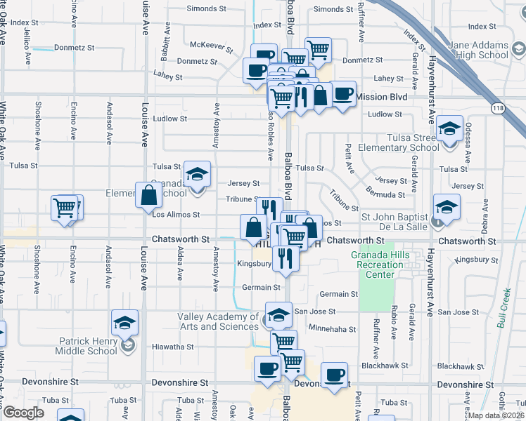 map of restaurants, bars, coffee shops, grocery stores, and more near 17043 Los Alimos Street in Los Angeles