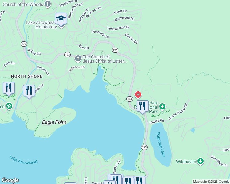 map of restaurants, bars, coffee shops, grocery stores, and more near 923 Lake Edge Way in Lake Arrowhead