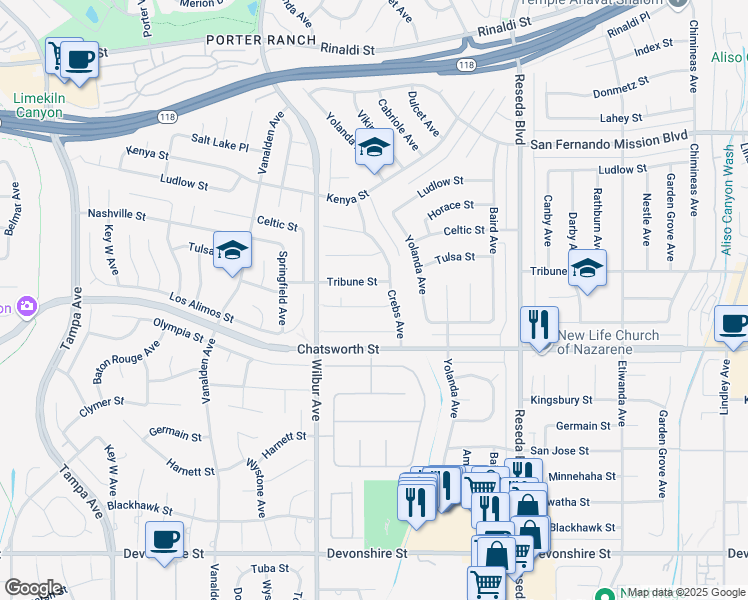 map of restaurants, bars, coffee shops, grocery stores, and more near 18773 Bermuda Street in Los Angeles