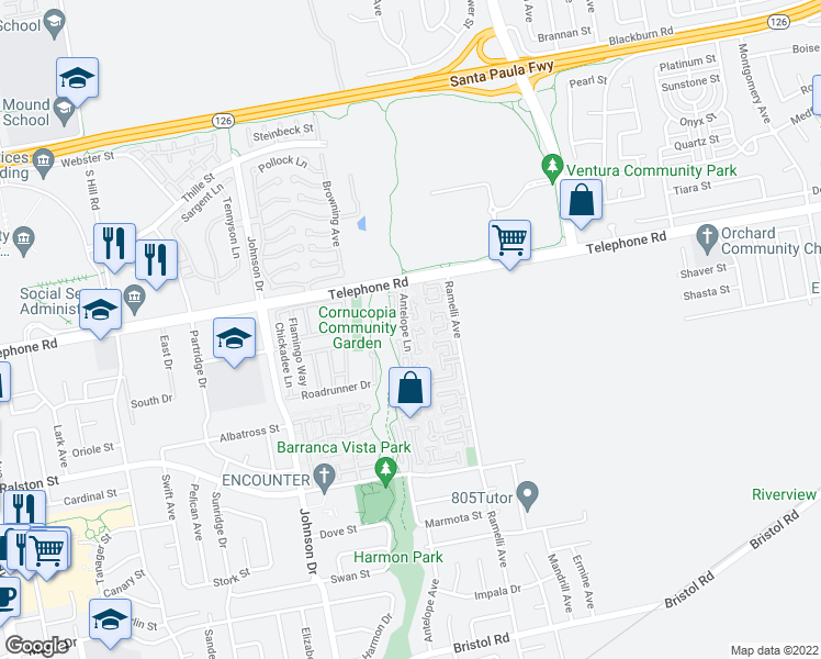 map of restaurants, bars, coffee shops, grocery stores, and more near 1206 Llama Court in Ventura