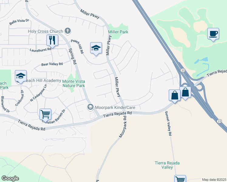map of restaurants, bars, coffee shops, grocery stores, and more near 4104 Dakota Drive in Moorpark