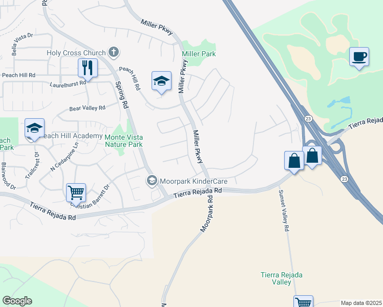 map of restaurants, bars, coffee shops, grocery stores, and more near 4104 Dakota Drive in Moorpark