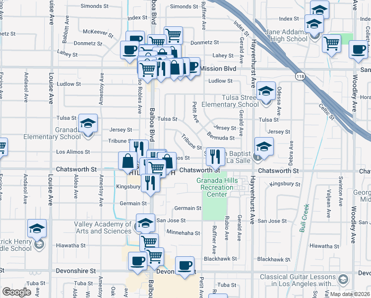 map of restaurants, bars, coffee shops, grocery stores, and more near 10746 Forbes Avenue in Los Angeles