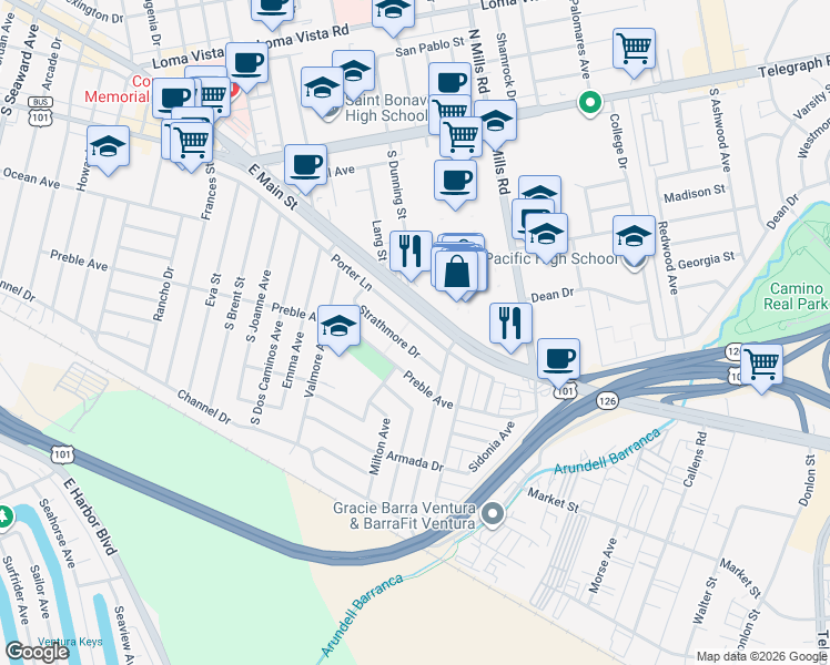 map of restaurants, bars, coffee shops, grocery stores, and more near 3216 Porter Lane in Ventura