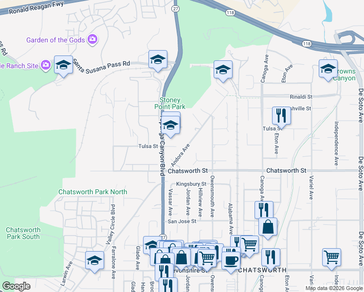 map of restaurants, bars, coffee shops, grocery stores, and more near 10775 Andora Avenue in Los Angeles