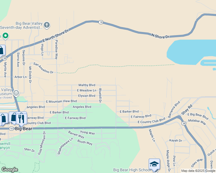 map of restaurants, bars, coffee shops, grocery stores, and more near 726 Maltby Boulevard in Big Bear