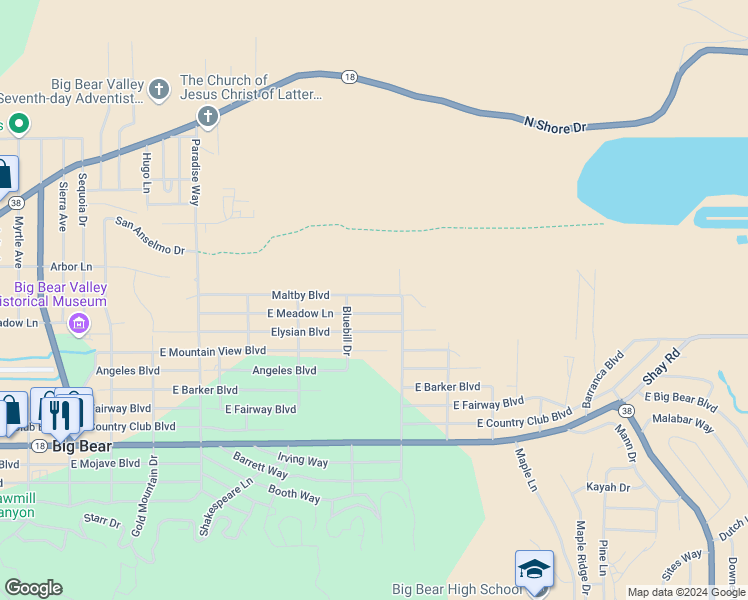map of restaurants, bars, coffee shops, grocery stores, and more near 726 Maltby Boulevard in Big Bear