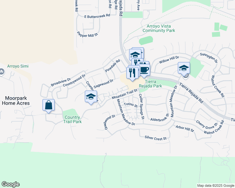 map of restaurants, bars, coffee shops, grocery stores, and more near 11671 Countrysprings Court in Moorpark