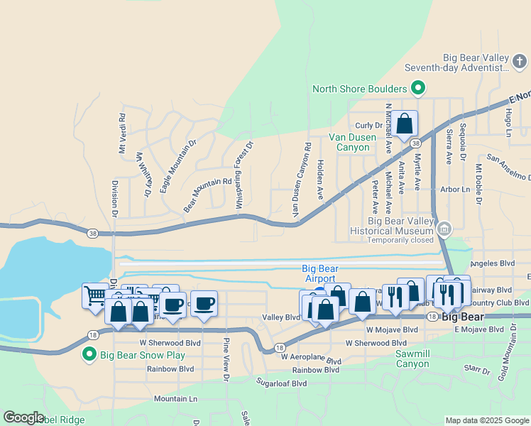 map of restaurants, bars, coffee shops, grocery stores, and more near 701 West North Shore Drive in Big Bear