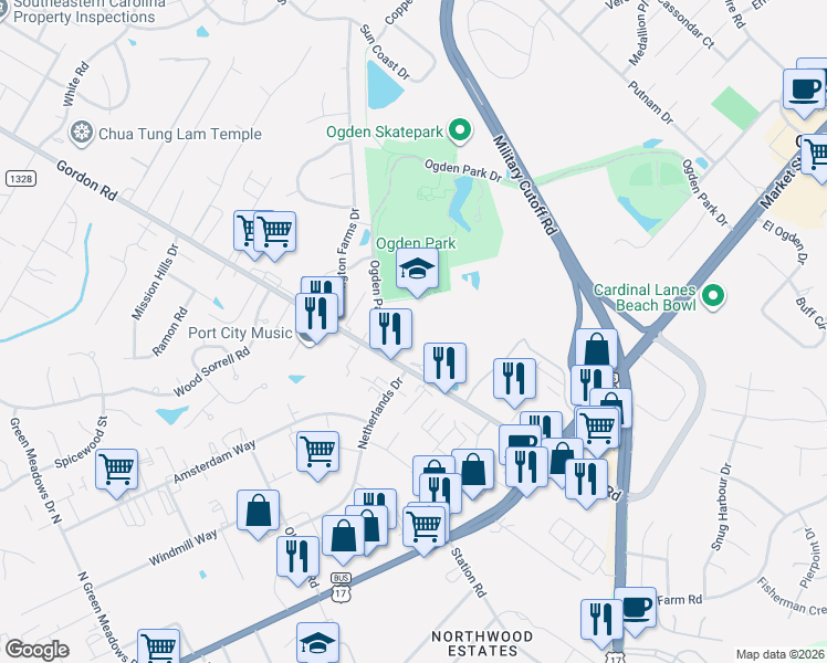 map of restaurants, bars, coffee shops, grocery stores, and more near 635 Ogden Park Drive in Wilmington