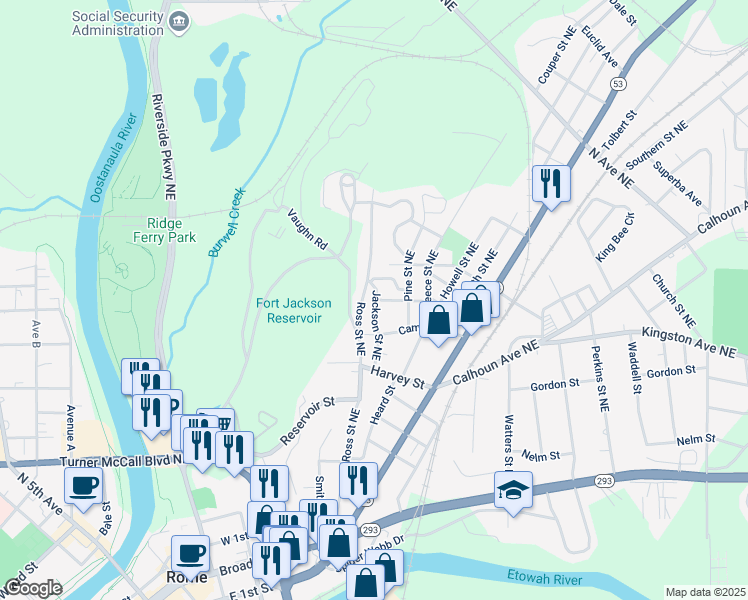 map of restaurants, bars, coffee shops, grocery stores, and more near 117 Jackson Street Northeast in Rome
