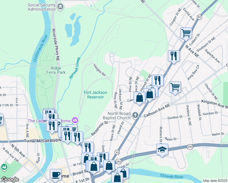 map of restaurants, bars, coffee shops, grocery stores, and more near 113 Jackson Street Northeast in Rome