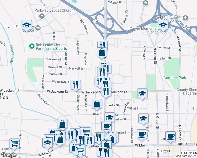 map of restaurants, bars, coffee shops, grocery stores, and more near 619 North Gloster Street in Tupelo