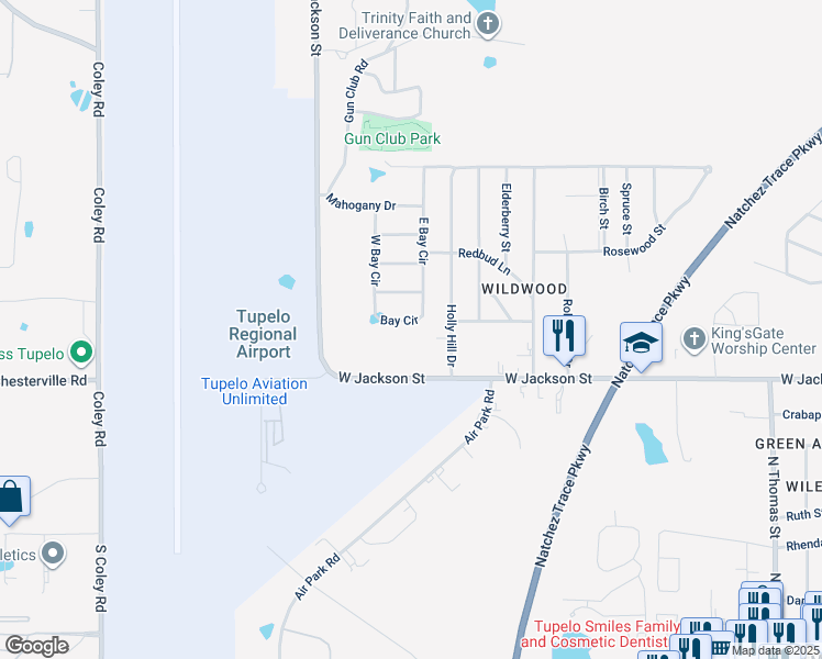 map of restaurants, bars, coffee shops, grocery stores, and more near 2600-2698 Bay Circle in Tupelo