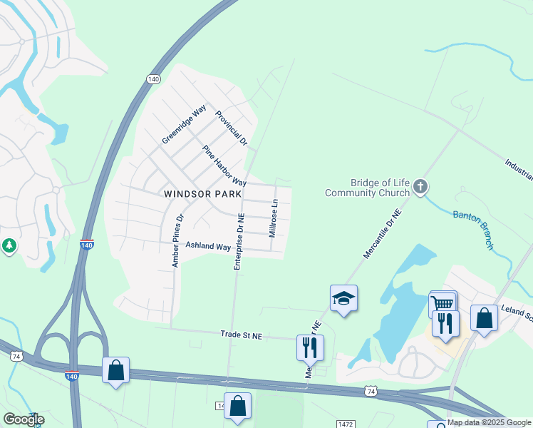map of restaurants, bars, coffee shops, grocery stores, and more near 1414 Parkland Way in Leland