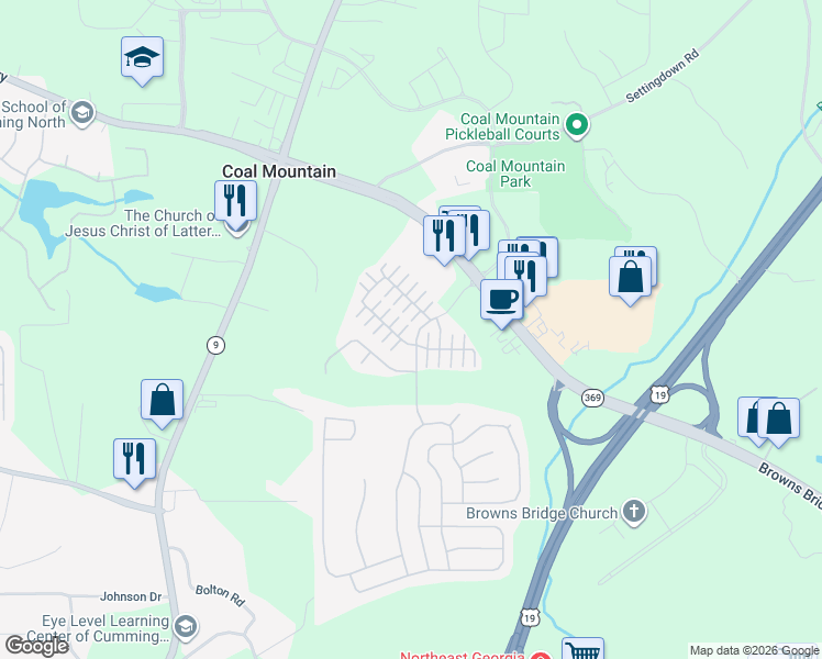 map of restaurants, bars, coffee shops, grocery stores, and more near 3985 Cutler Donahoe Way in Cumming