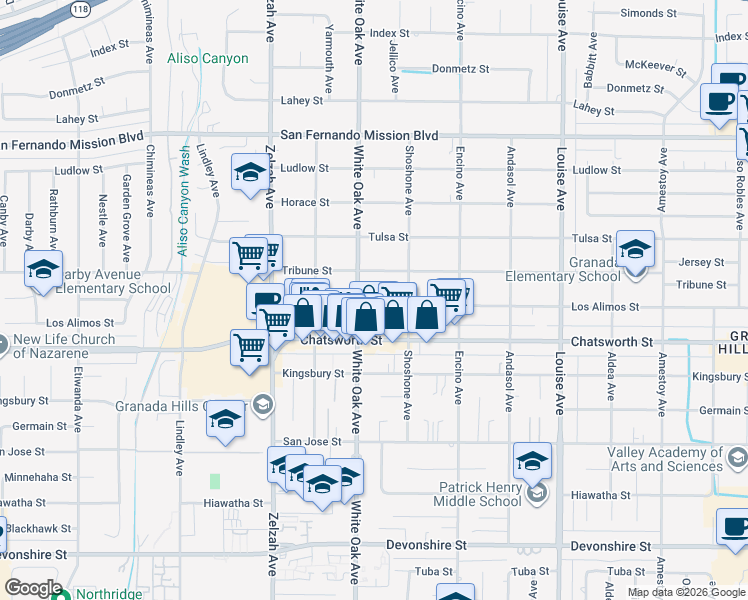 map of restaurants, bars, coffee shops, grocery stores, and more near 17641 Los Alimos Street in Los Angeles