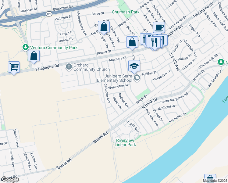 map of restaurants, bars, coffee shops, grocery stores, and more near 8617 Fairford Street in Ventura